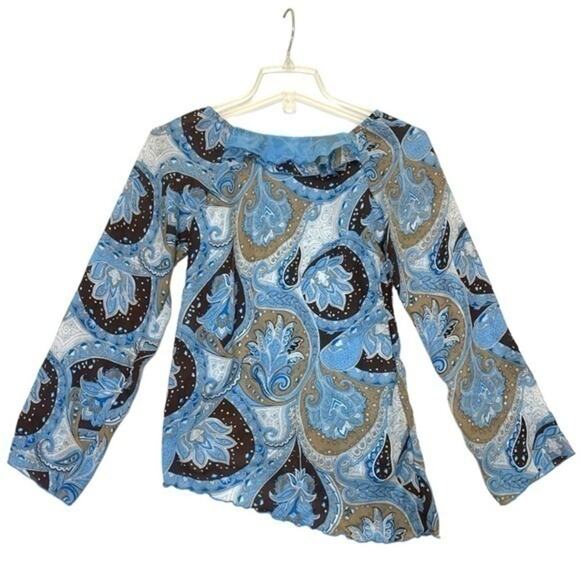 Paisley Asymmetrical Blouse Size 14-16 blue brown white design boho 90s - Picture 1 of 7
